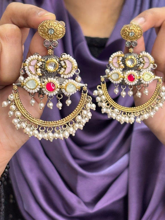 Handcrafted Boho Chandbali Earrings with Pearls & Pastel Stones
