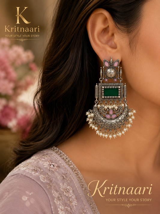 Antique Silver Oxidised Green Stone Pearl Chandbali Earrings