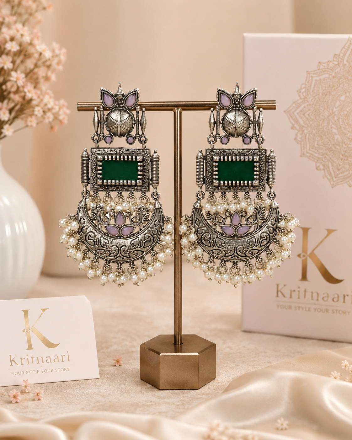 Antique Silver Oxidised Green Stone Pearl Chandbali Earrings