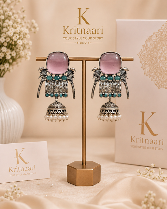 Emerald Green Stone Jhumka Earrings with Bird Motif