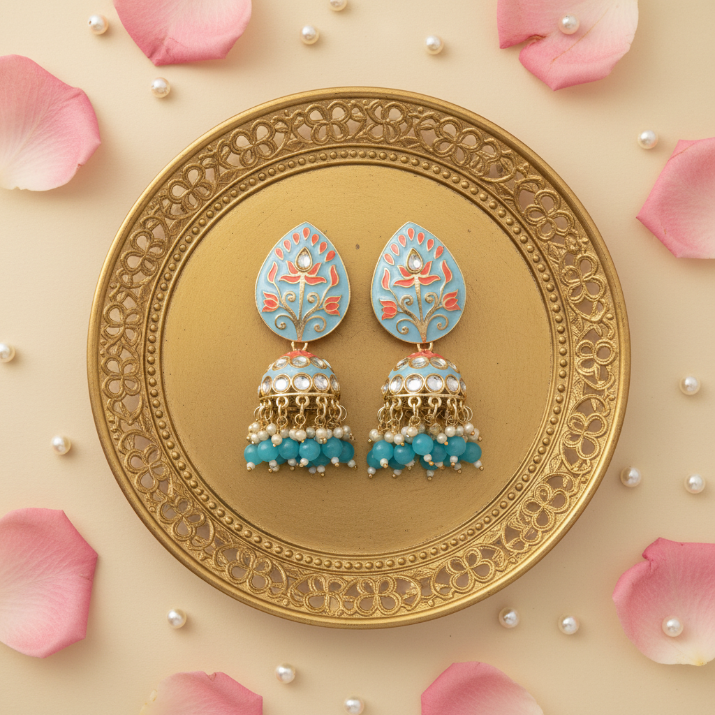 Sky Blue Meenakari Jhumka Earrings