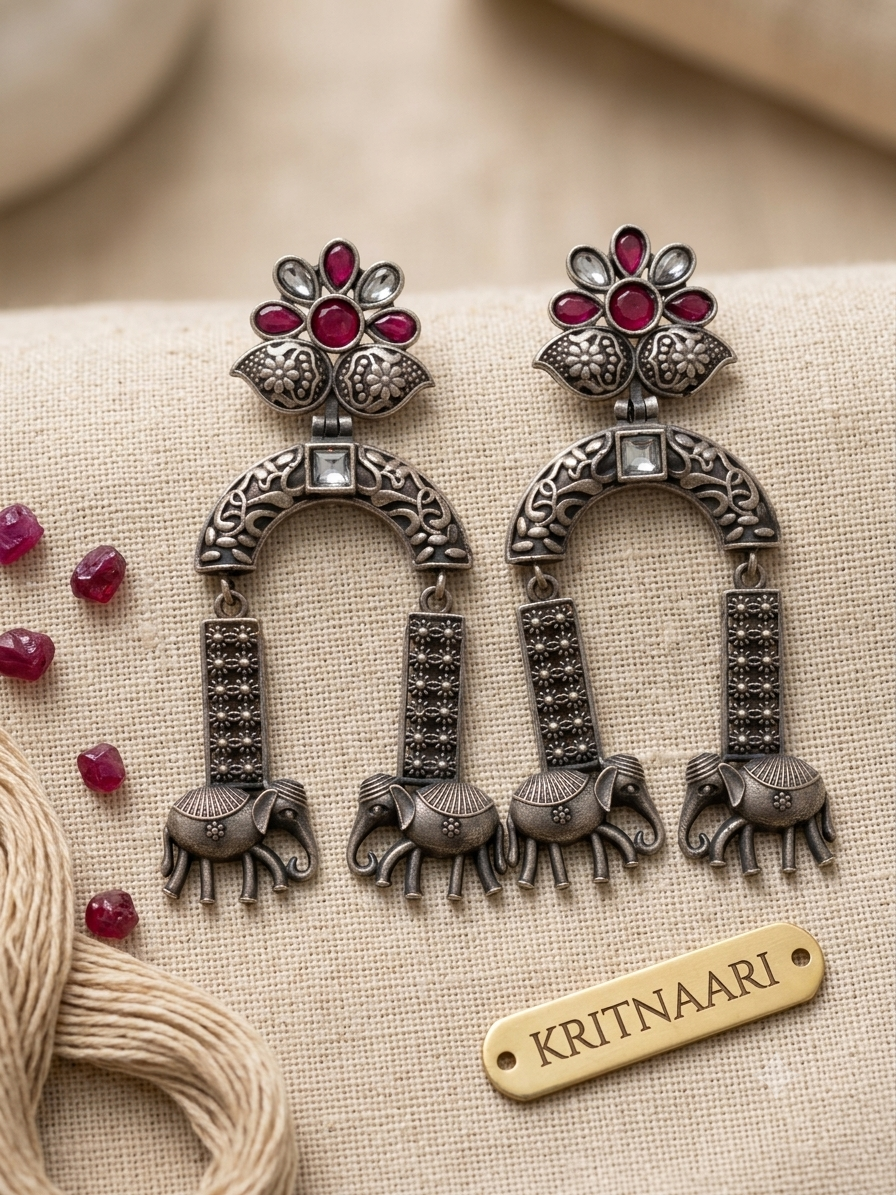 Antique Oxidized Elephant-Motif Dangle Earrings with Stone Embellishments