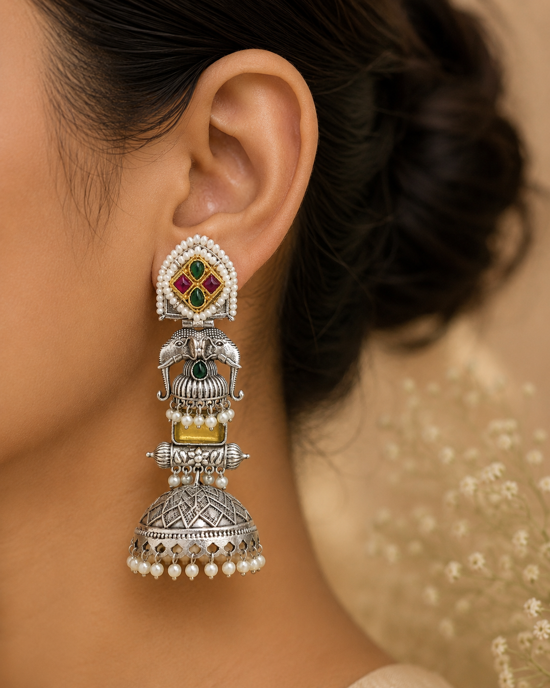 Elephant Heritage Oxidised Jhumka Earrings
