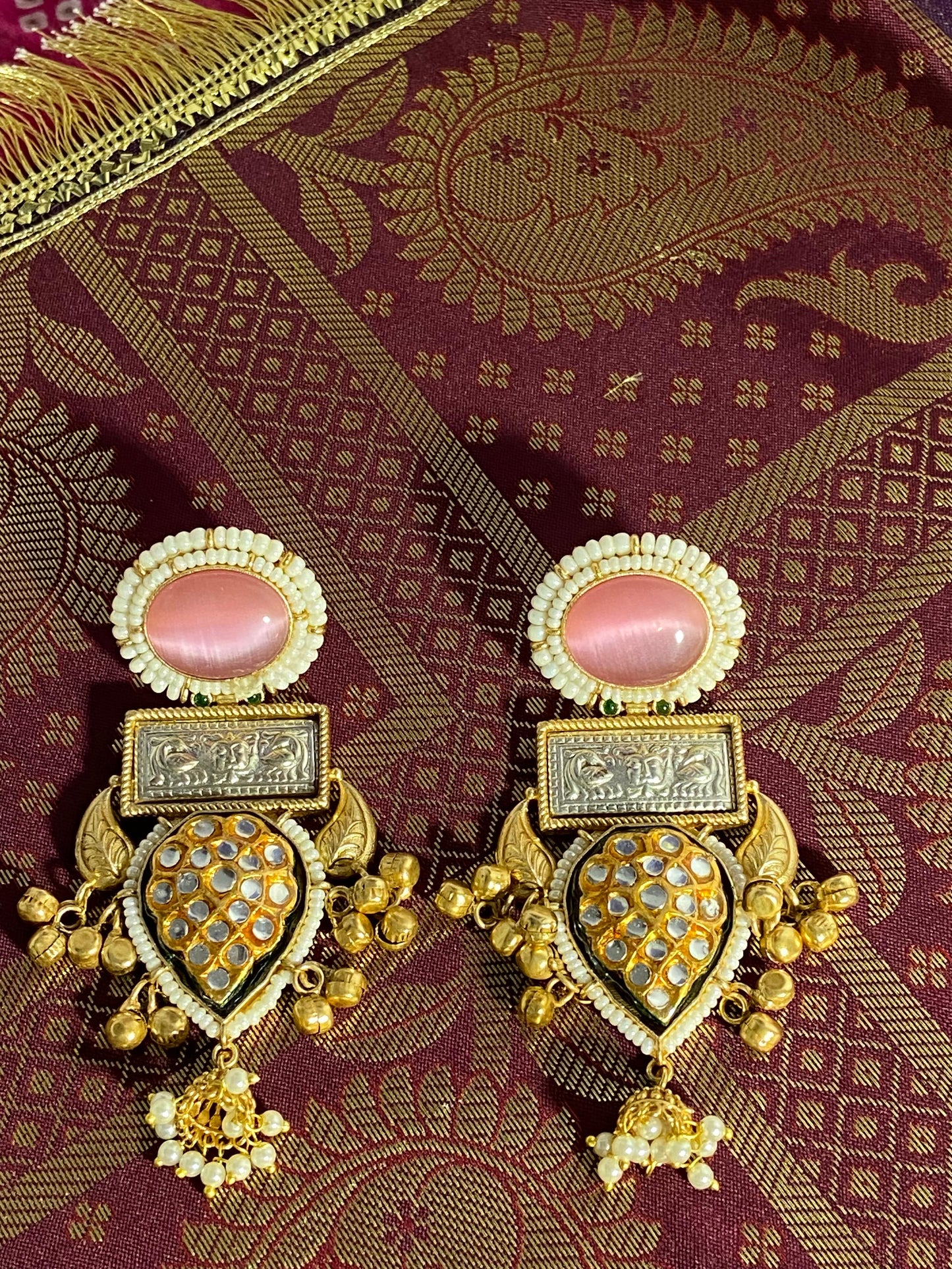 Pink Kundan Pearl Statement Earrings
