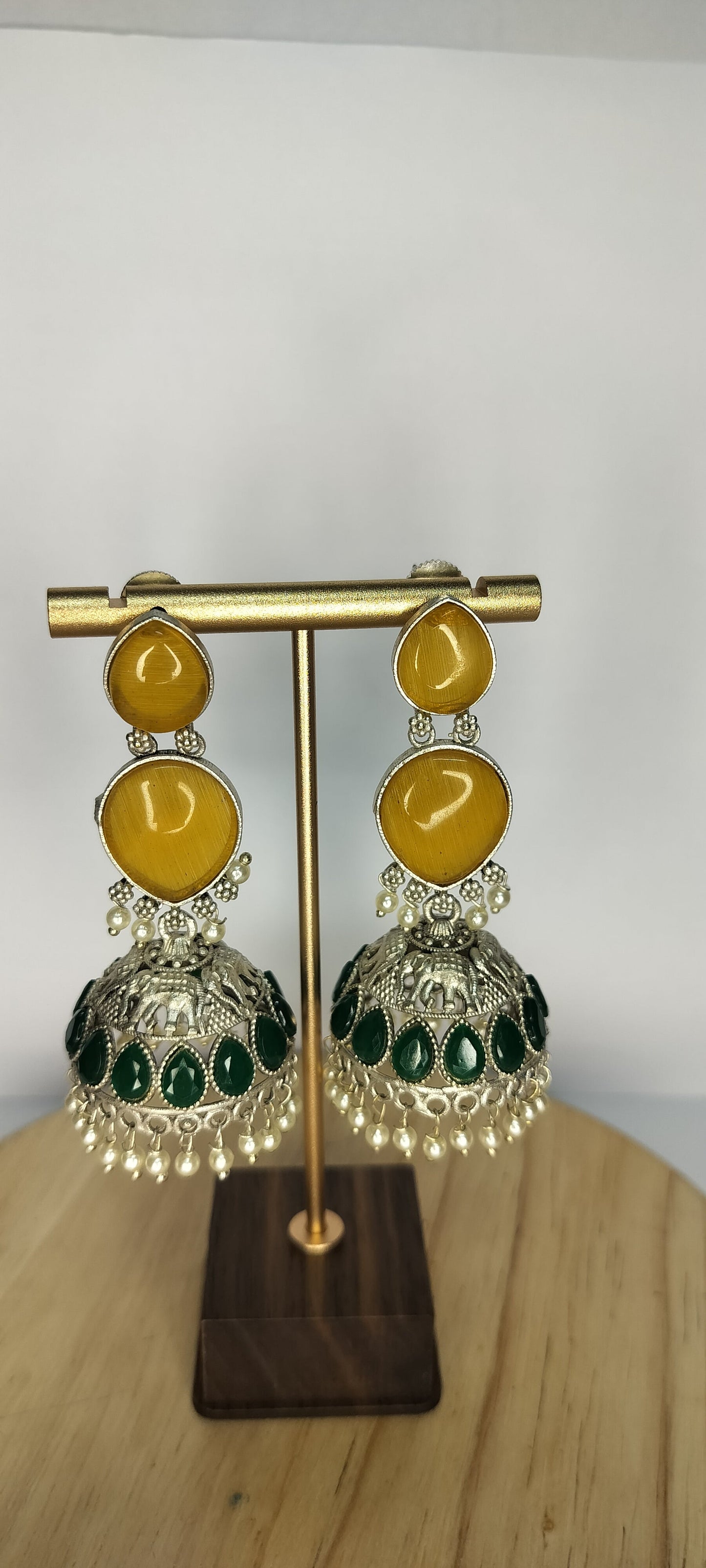 Yellow & Green Stone Oxidised Jhumka Earrings