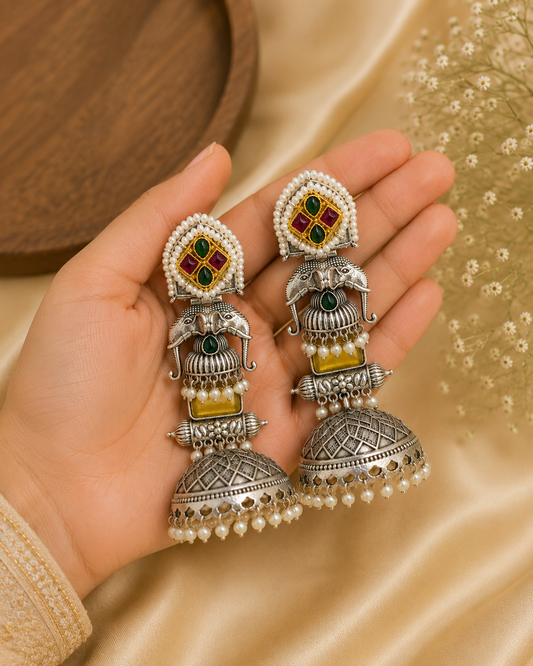 Elephant Heritage Oxidised Jhumka Earrings