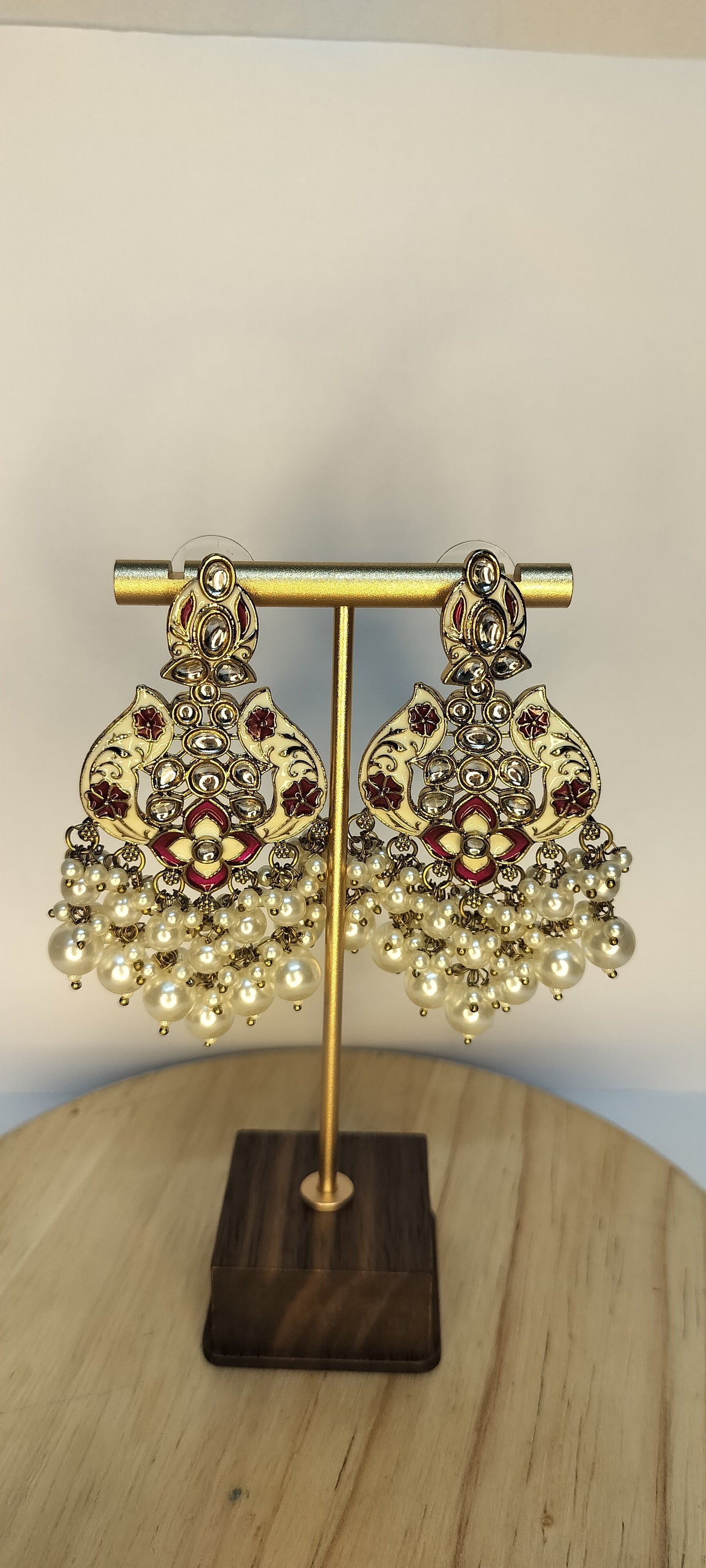 Kritnaari Handcrafted Cream & Crimson Meenakari Kundan Earrings with Pearl Clusters