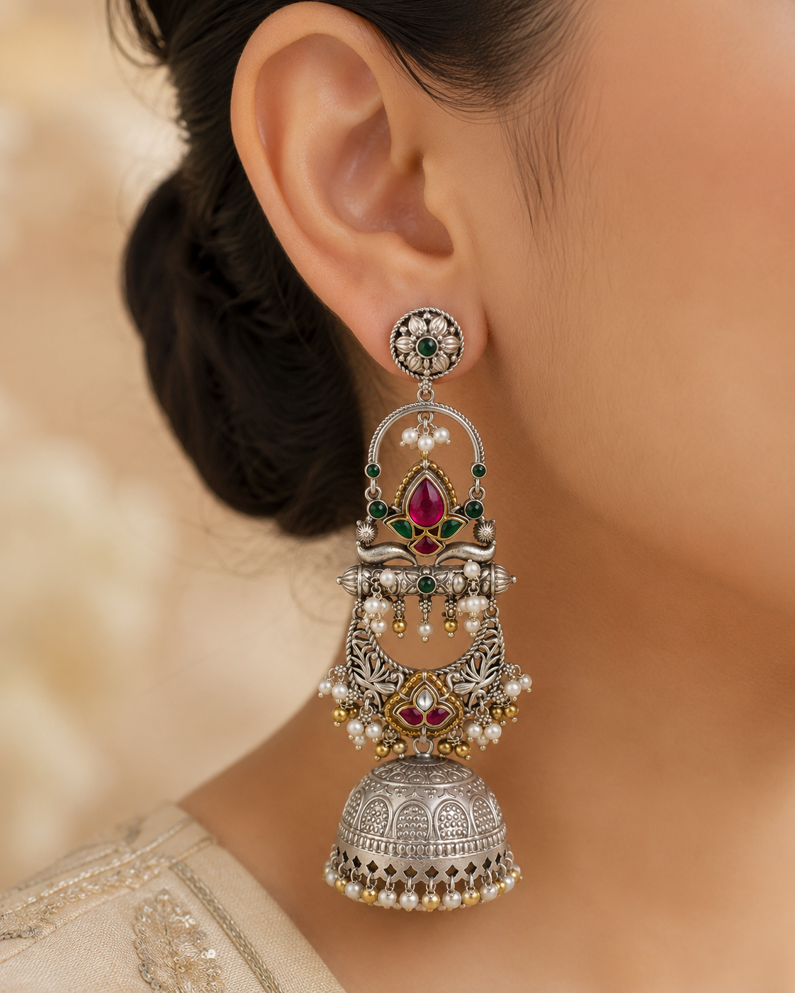 Heritage Lotus Silver Jhumka Earrings