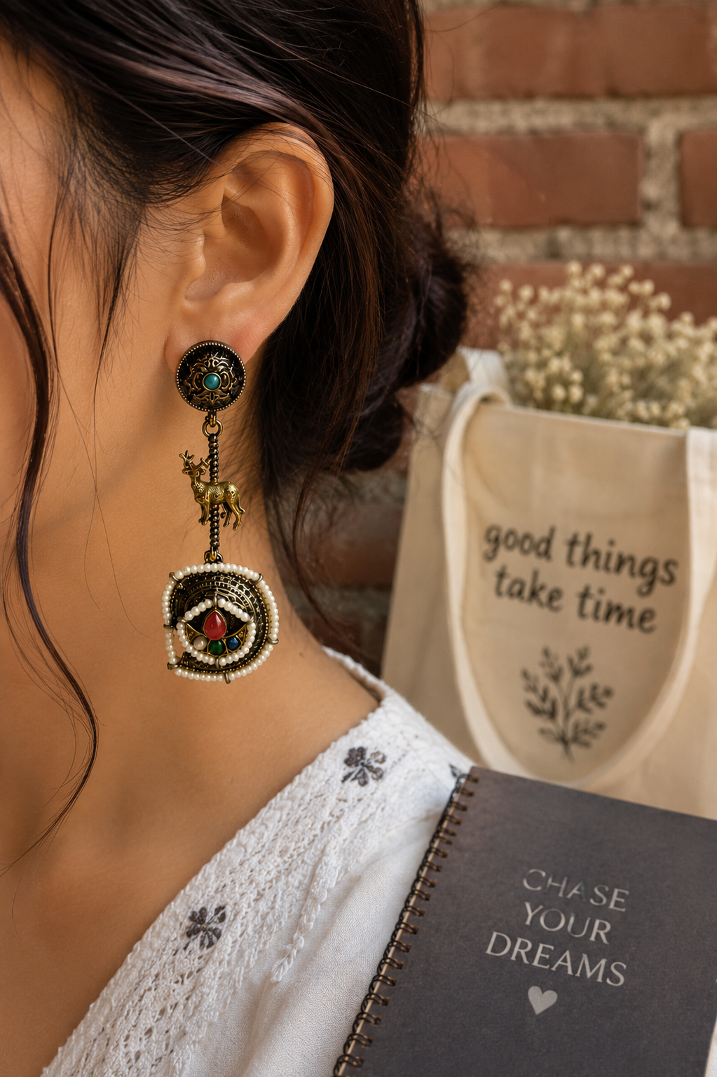 Handcrafted Deer Motif Boho Statement Earrings