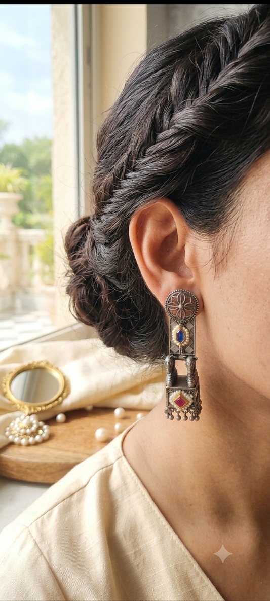 Kritnaari Handcrafted Antique Silver Earrings with Pearl & Stone Embellishments