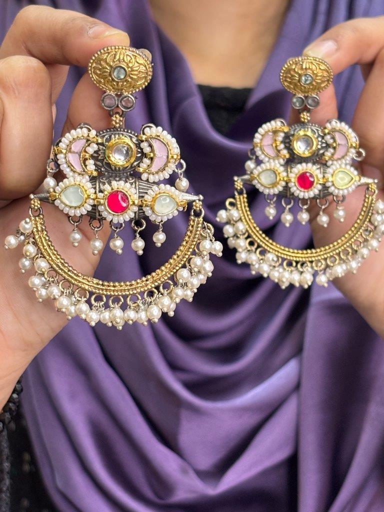Handcrafted Boho Chandbali Earrings with Pearls & Pastel Stones