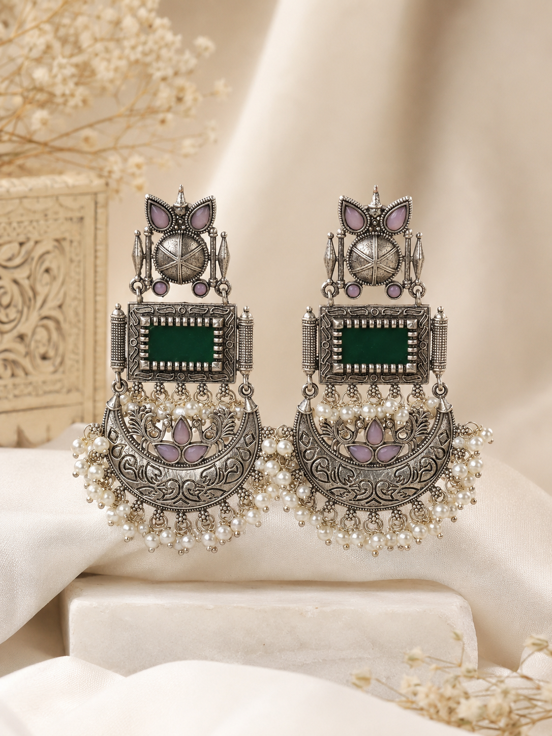 Antique Silver Oxidised Green Stone Pearl Chandbali Earrings