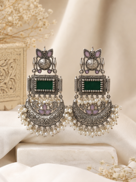 Antique Silver Oxidised Green Stone Pearl Chandbali Earrings