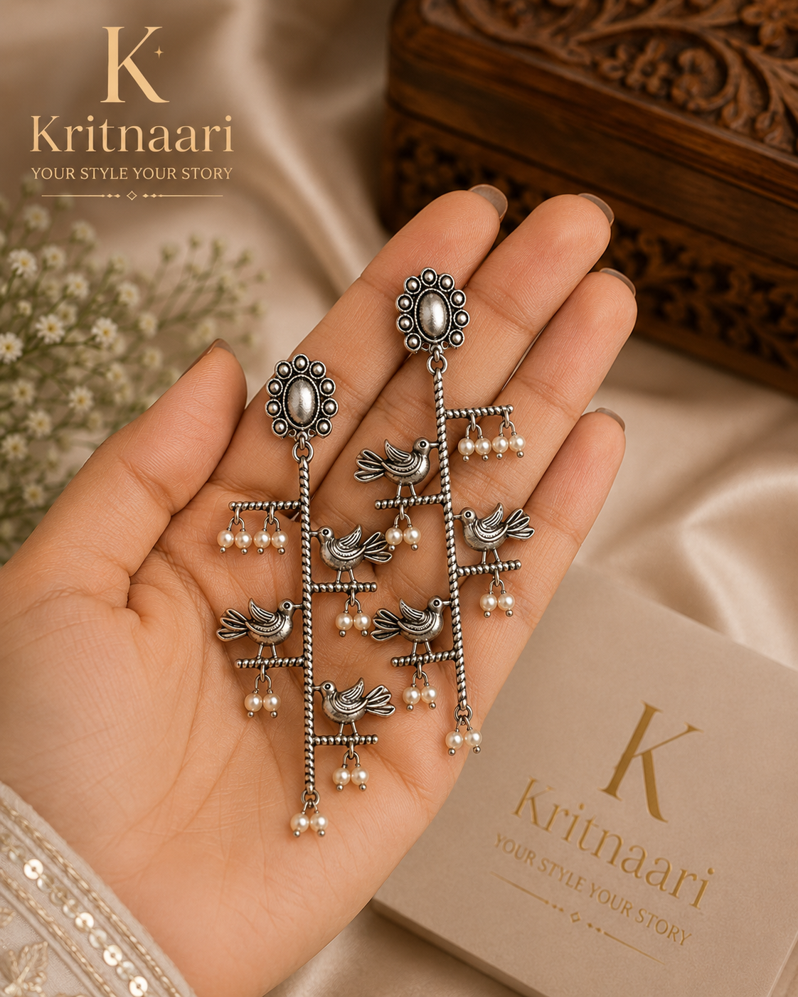 Oxidised Silver Triple Bird Chandelier Earrings with Pearl Drops