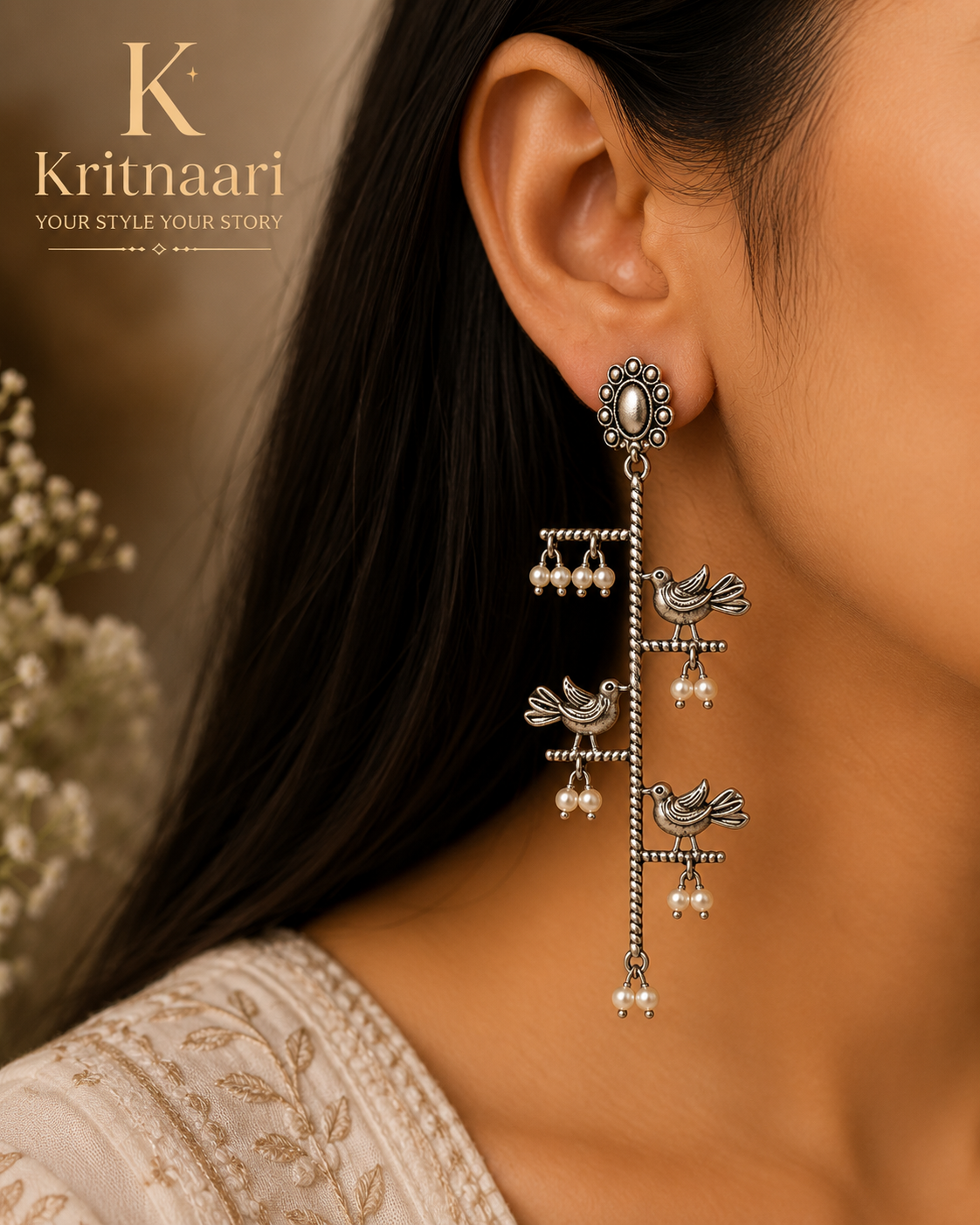 Oxidised Silver Triple Bird Chandelier Earrings with Pearl Drops