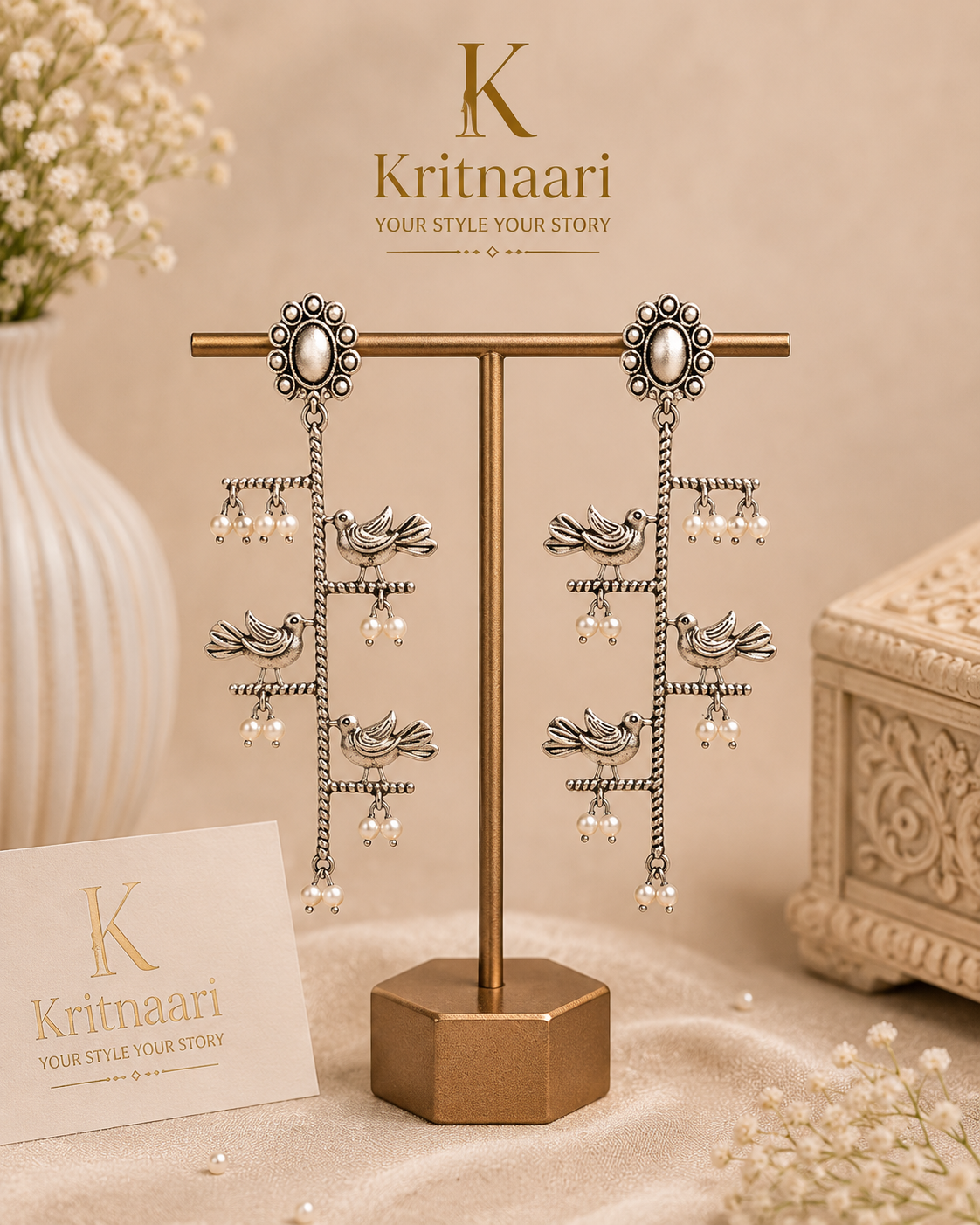 Oxidised Silver Triple Bird Chandelier Earrings with Pearl Drops