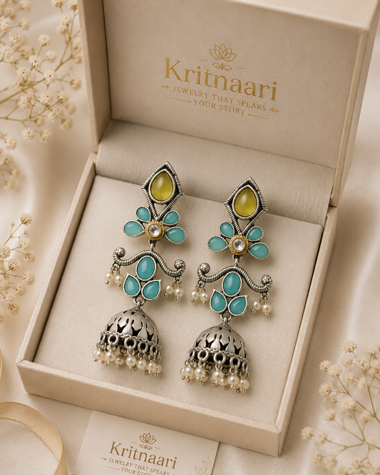 Turquoise & Yellow Stone Oxidised Earrings