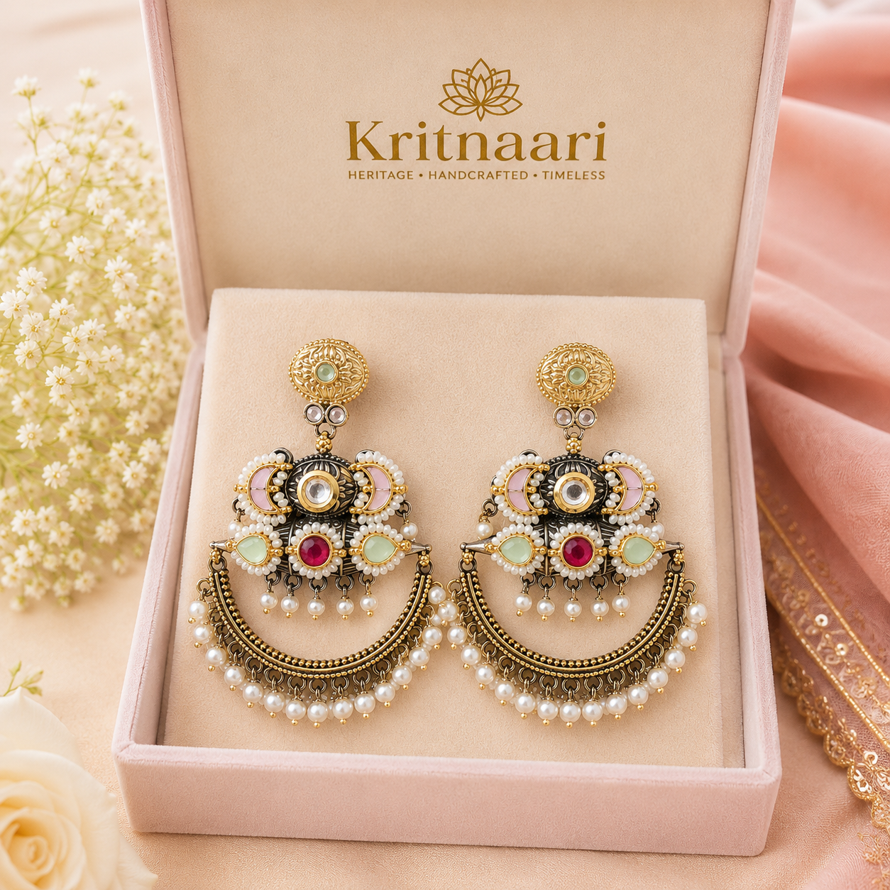 Handcrafted Boho Chandbali Earrings with Pearls & Pastel Stones