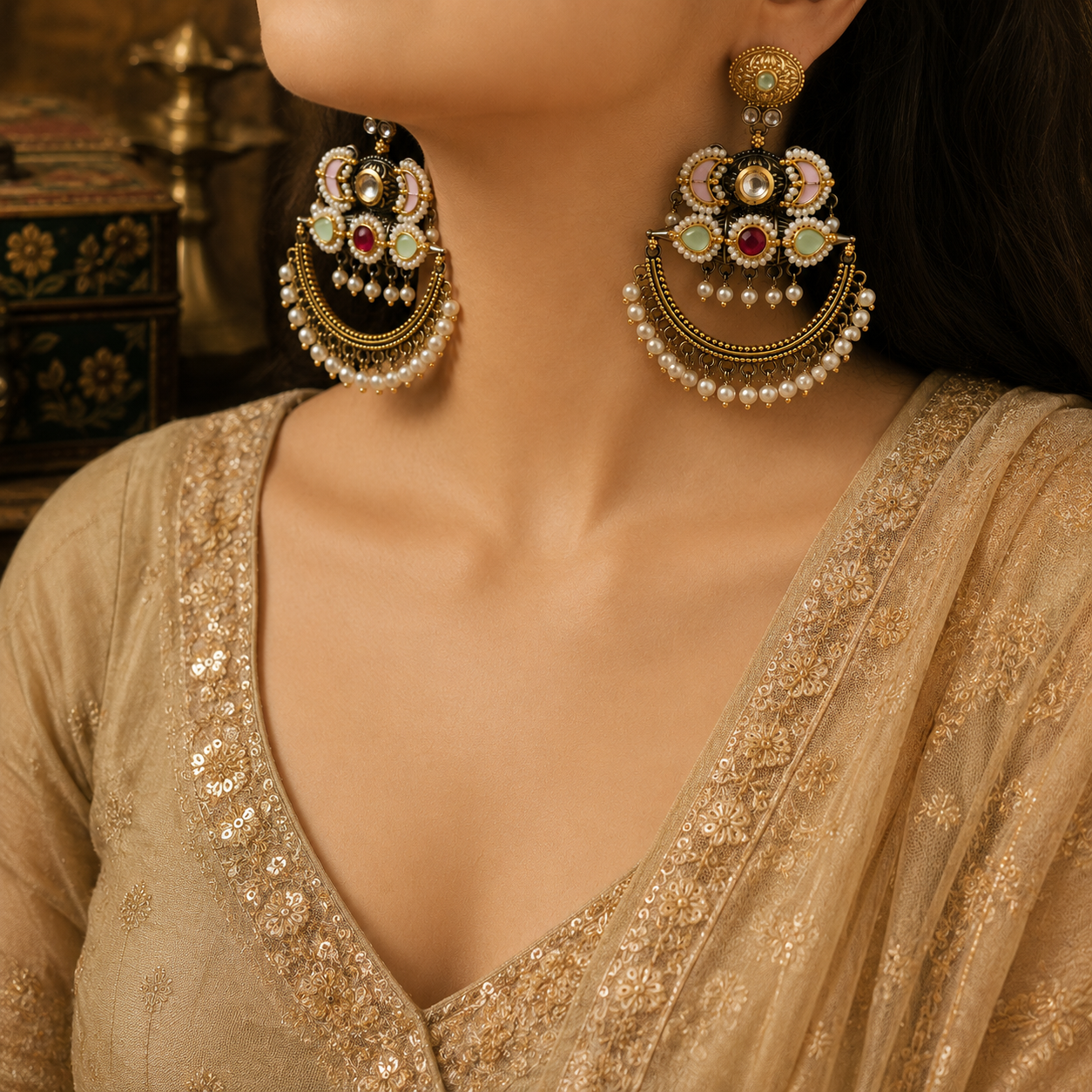 Handcrafted Boho Chandbali Earrings with Pearls & Pastel Stones