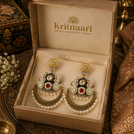 Handcrafted Boho Chandbali Earrings with Pearls & Pastel Stones
