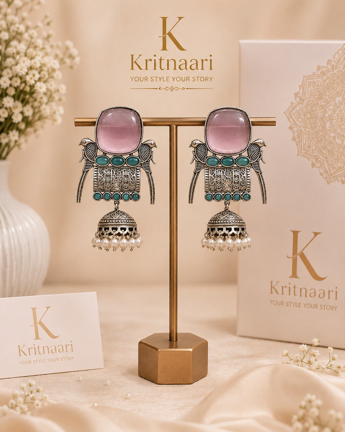 Emerald Green Stone Jhumka Earrings with Bird Motif