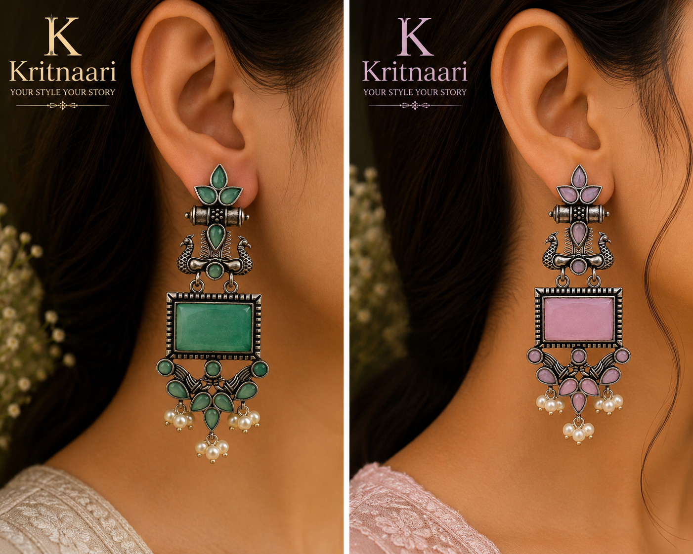 Oxidised silver peacock earrings in green and pink worn on model - ear comparison shot