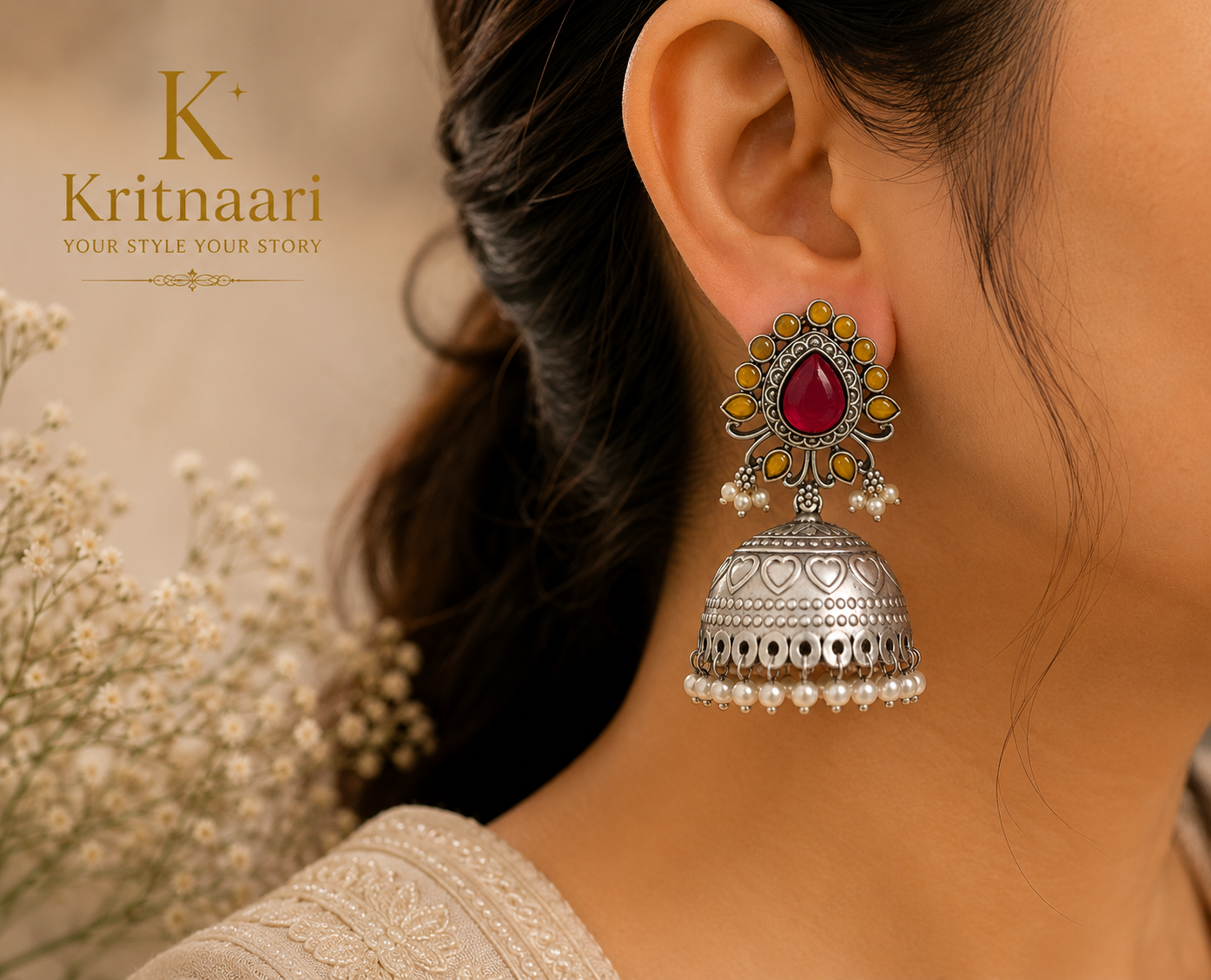 Oxidised silver ruby and amber stone jhumka earrings held in hand - pair view