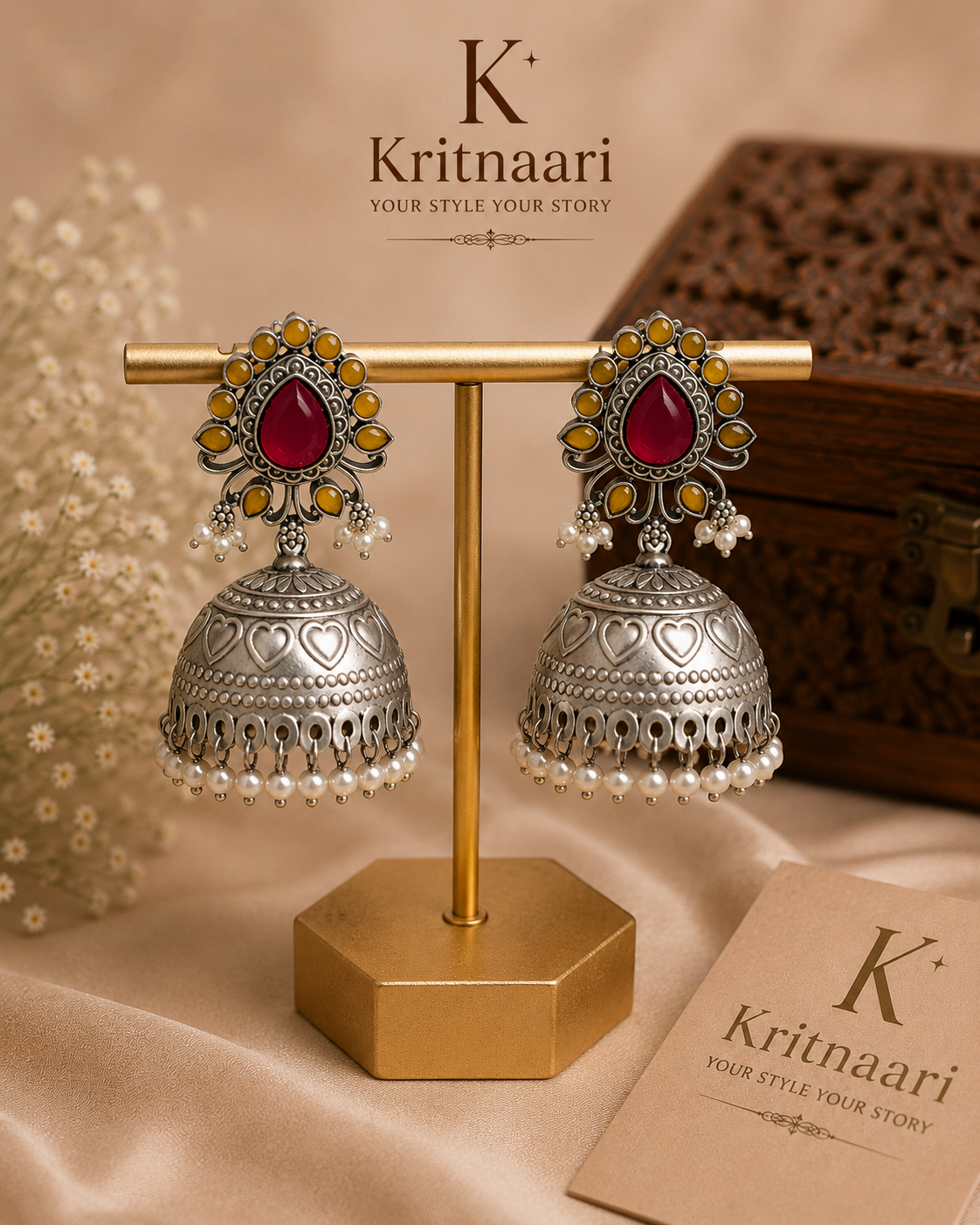 Oxidised Silver Ruby & Amber Stone Jhumka Earrings with Pearl Drops