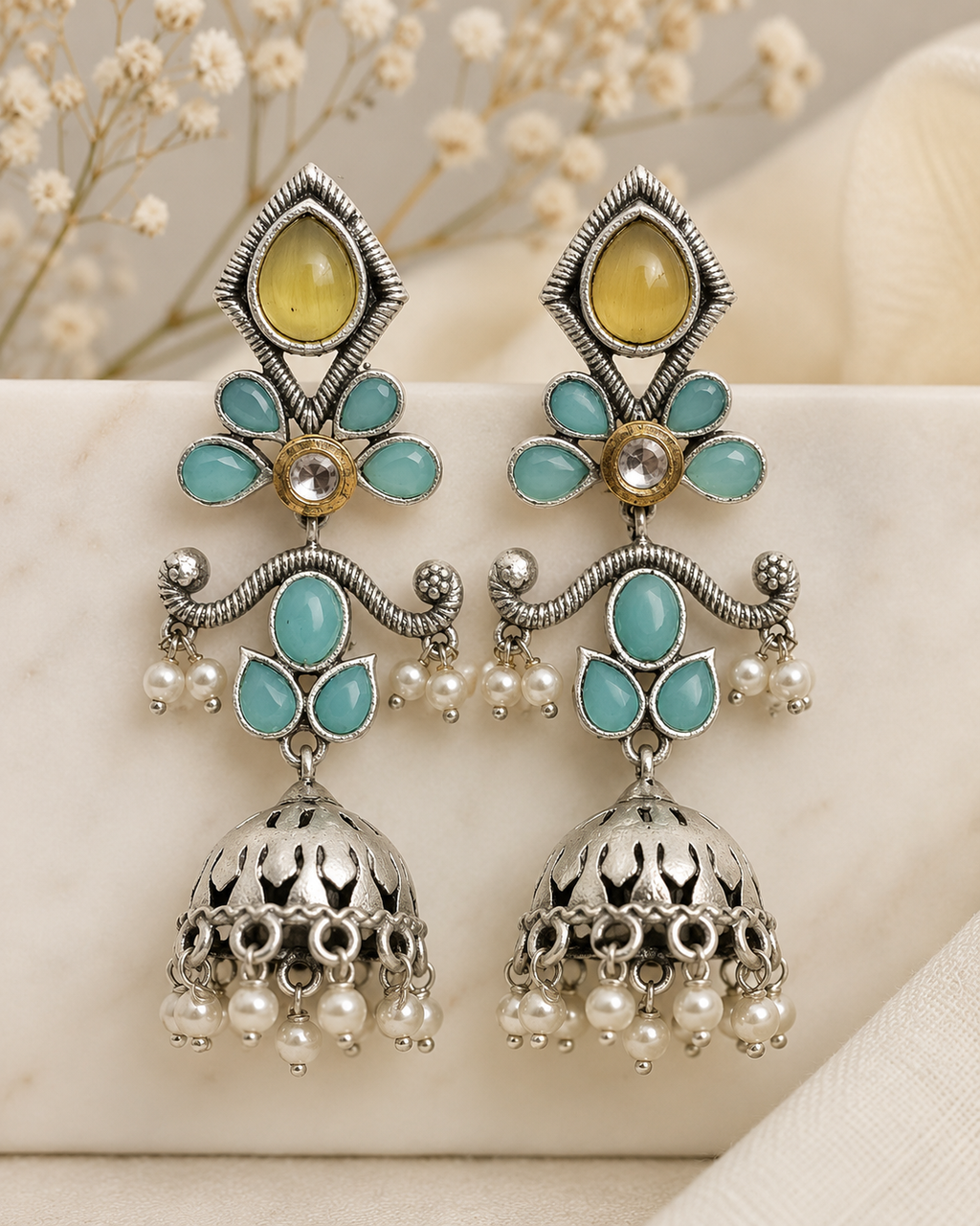 Turquoise & Yellow Stone Oxidised Earrings