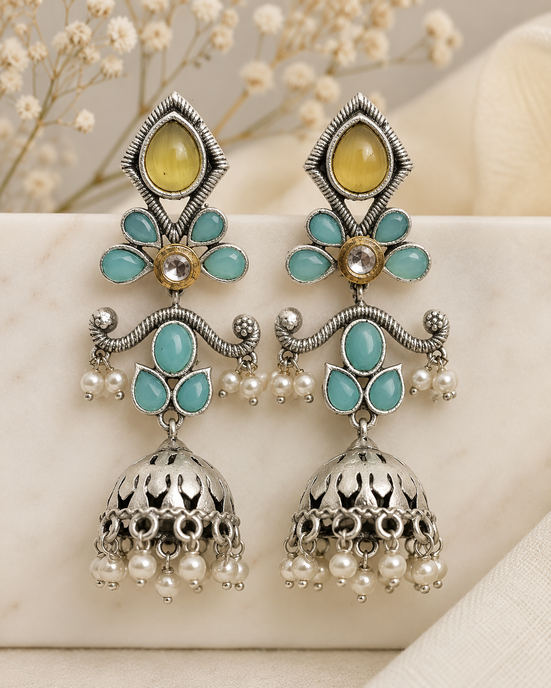 Turquoise & Yellow Stone Oxidised Earrings