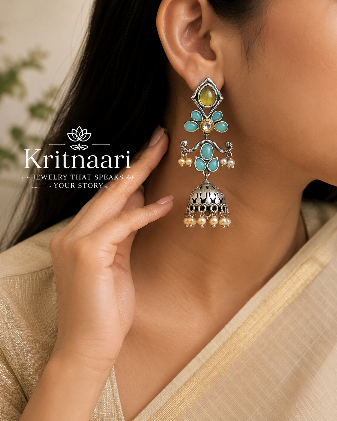 Turquoise & Yellow Stone Oxidised Earrings