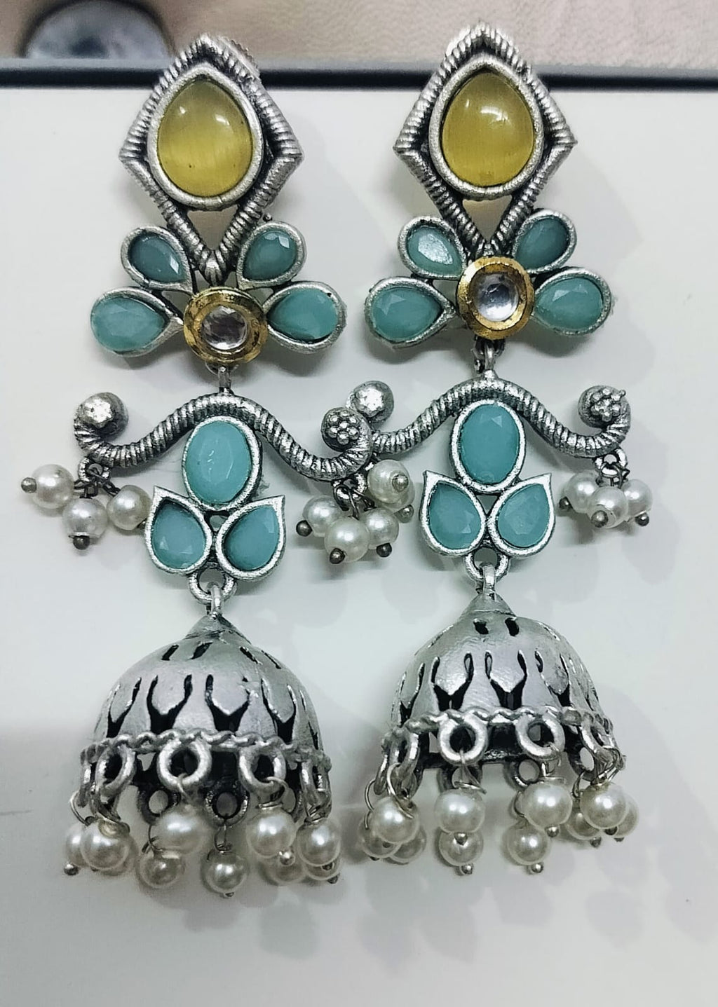 Turquoise & Yellow Stone Oxidised Earrings