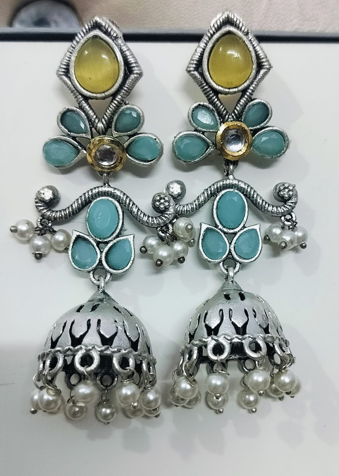 Turquoise & Yellow Stone Oxidised Earrings