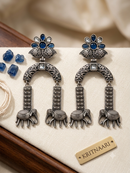 Antique Oxidized Elephant-Motif Dangle Earrings with Stone Embellishments