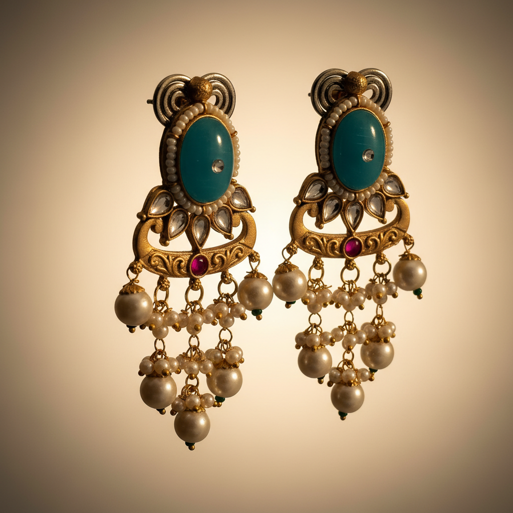 Turquoise Pearl Chandelier Earrings | Antique Gold Ethnic Danglers