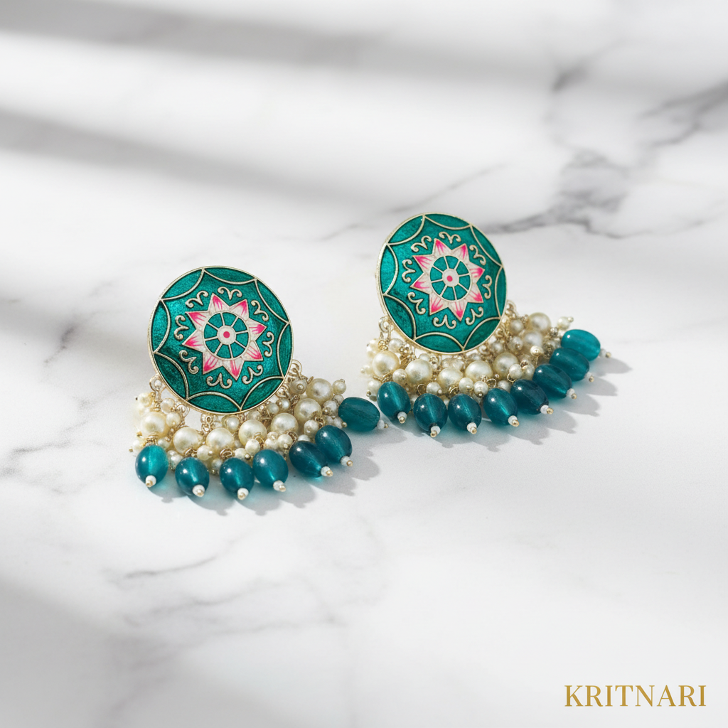 Teal Meenakari Chandbali Earrings - Studio Shot