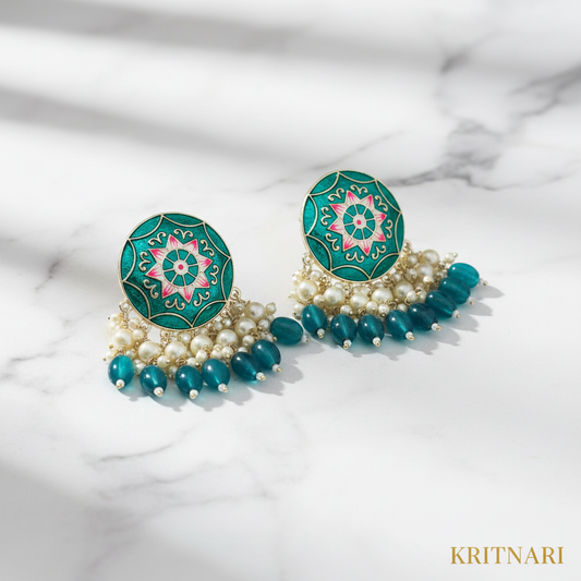 Teal Meenakari Chandbali Earrings - Studio Shot