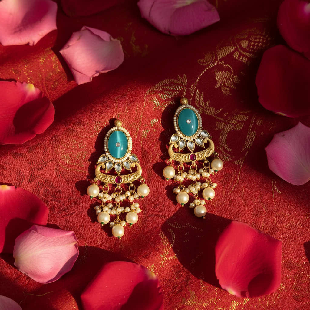 Turquoise Pearl Chandelier Earrings | Antique Gold Ethnic Danglers