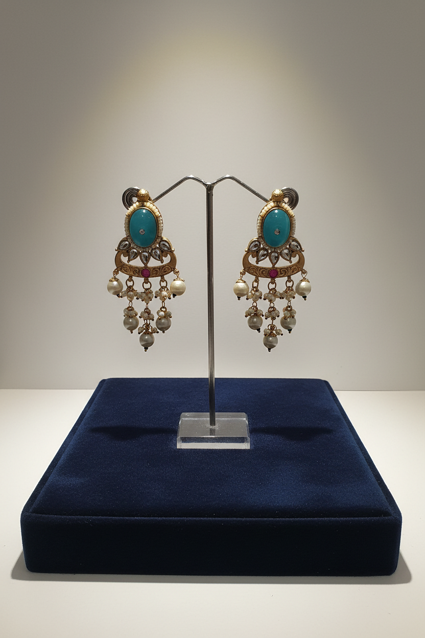 Turquoise Pearl Chandelier Earrings | Antique Gold Ethnic Danglers