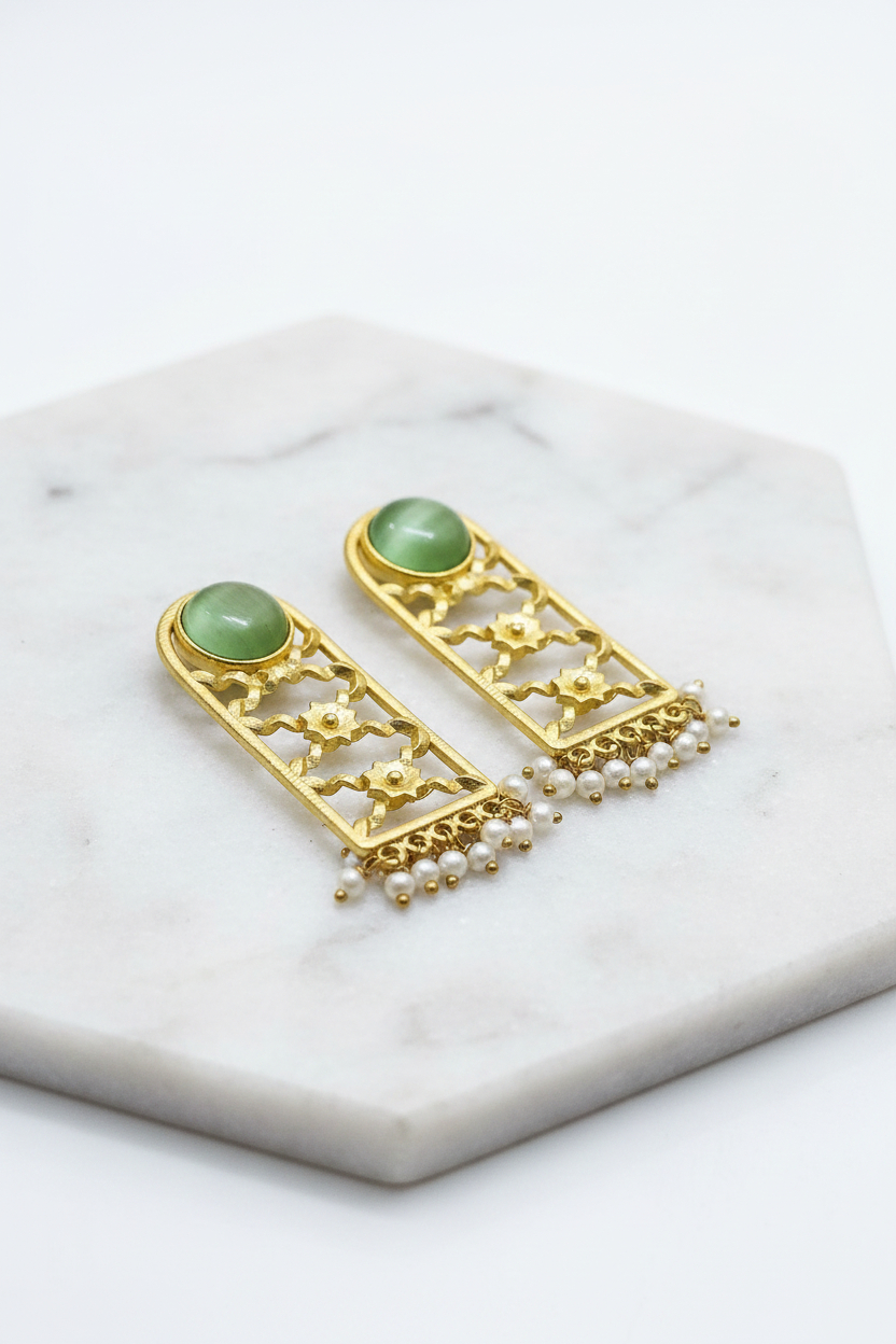 Jadau Green Stone Gold Lattice Earrings with Pearl Drops