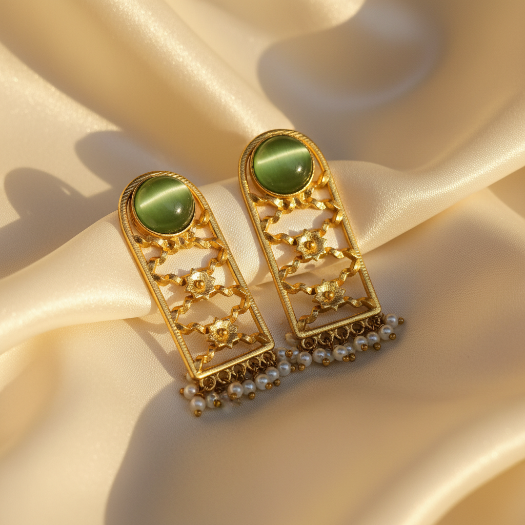 Jadau Green Stone Gold Lattice Earrings with Pearl Drops