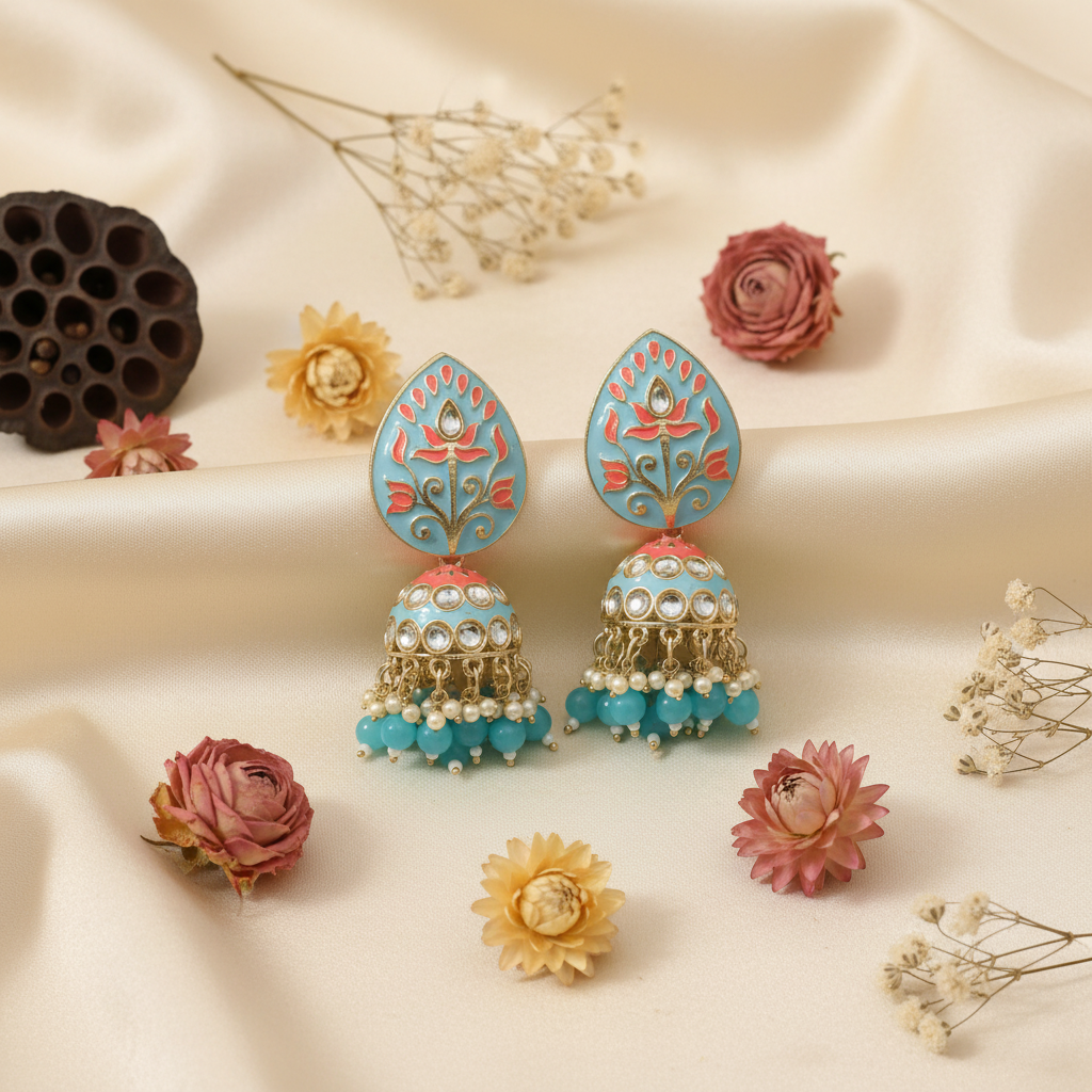 Sky Blue Meenakari Jhumka Earrings