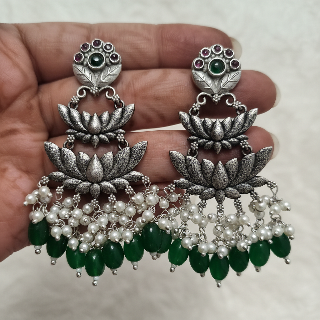 Oxidised Silver Lotus Earrings | Green Emerald & Pearl Drop Danglers