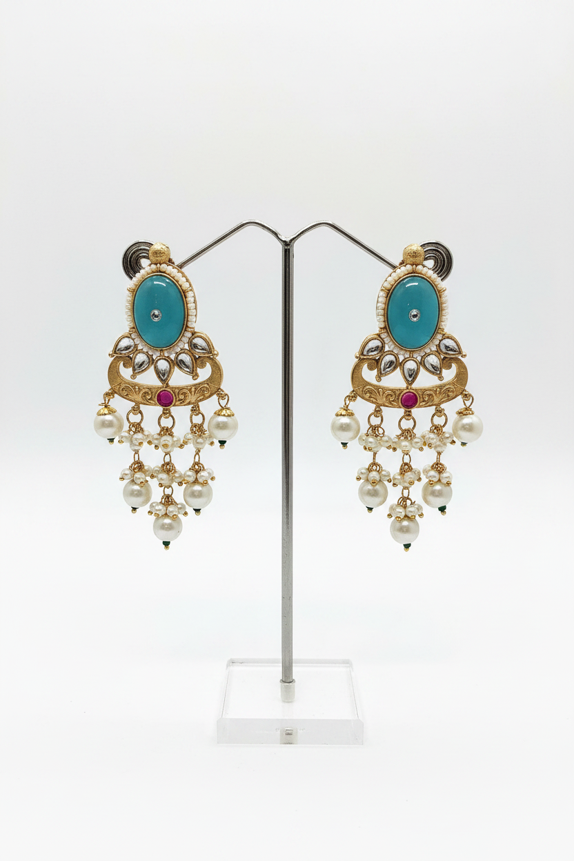 Turquoise Pearl Chandelier Earrings | Antique Gold Ethnic Danglers