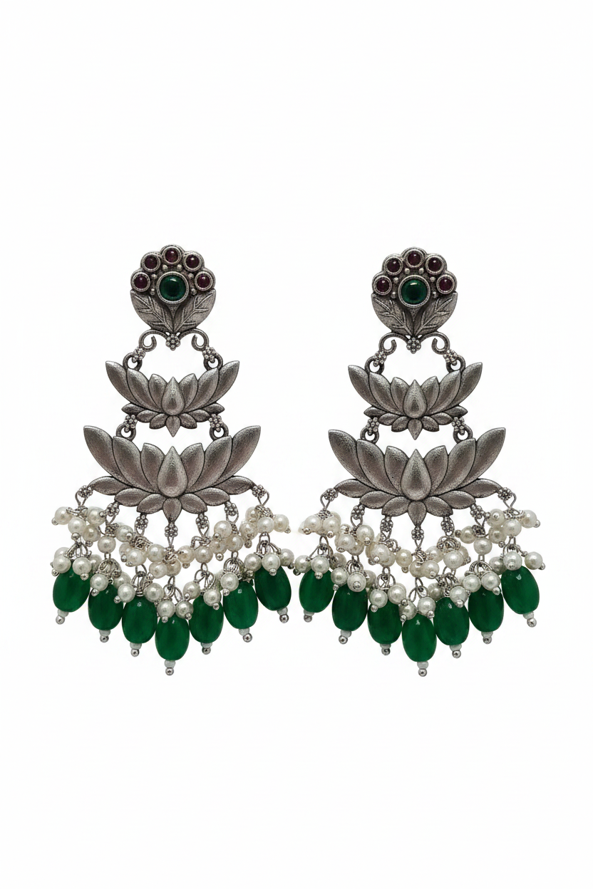 Oxidised Silver Lotus Earrings | Green Emerald & Pearl Drop Danglers