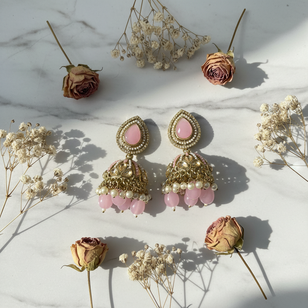 Pink Kundan Pearl Jhumka Earrings