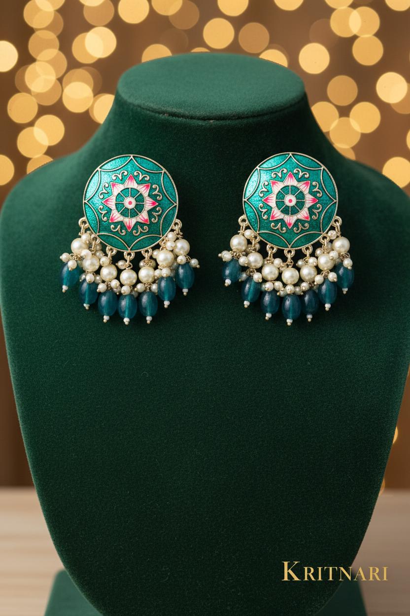 Teal Meenakari Chandbali Earrings - Lifestyle Shot