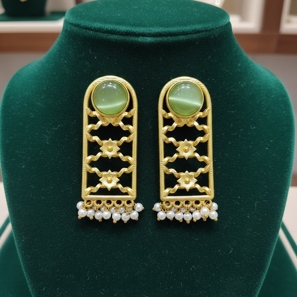Jadau Green Stone Gold Lattice Earrings with Pearl Drops