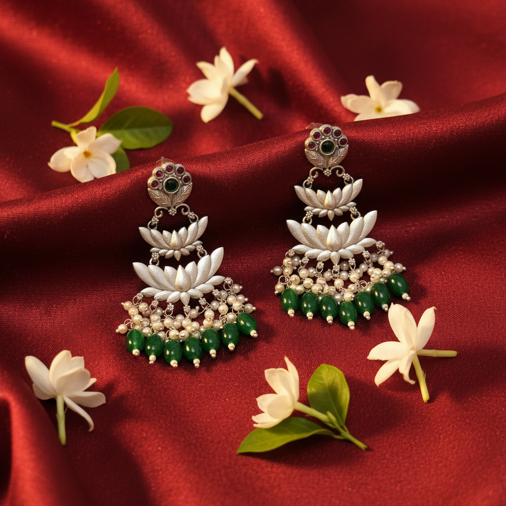 Oxidised Silver Lotus Earrings | Green Emerald & Pearl Drop Danglers