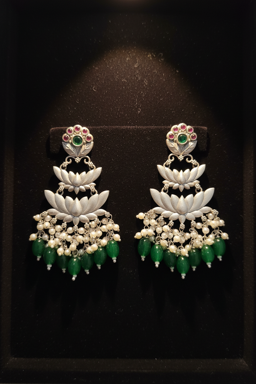Oxidised Silver Lotus Earrings | Green Emerald & Pearl Drop Danglers